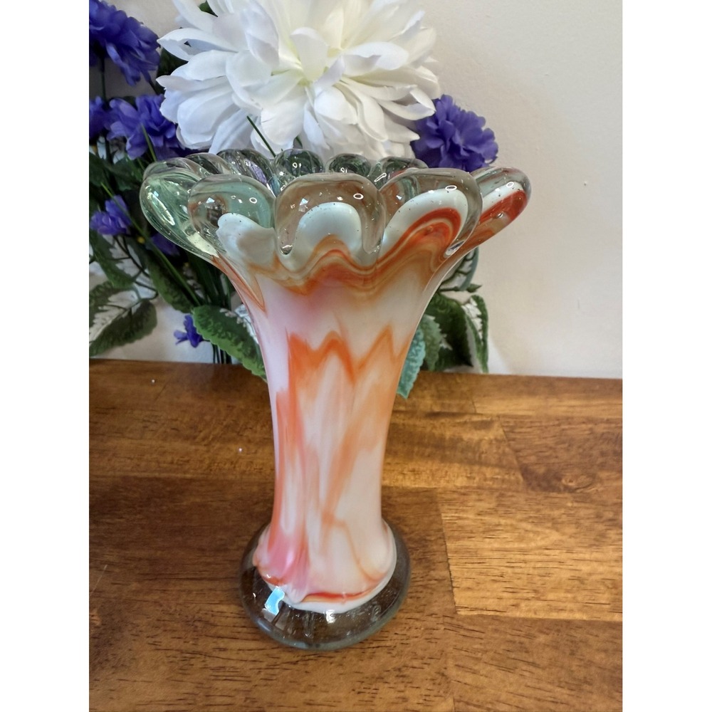 Vintage Murano-Style Hand-Blown Art Glass Ruffled‎ Vase Swirled White and Orange